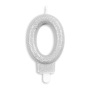 Cijfer kaars glitter zilver nr. 0