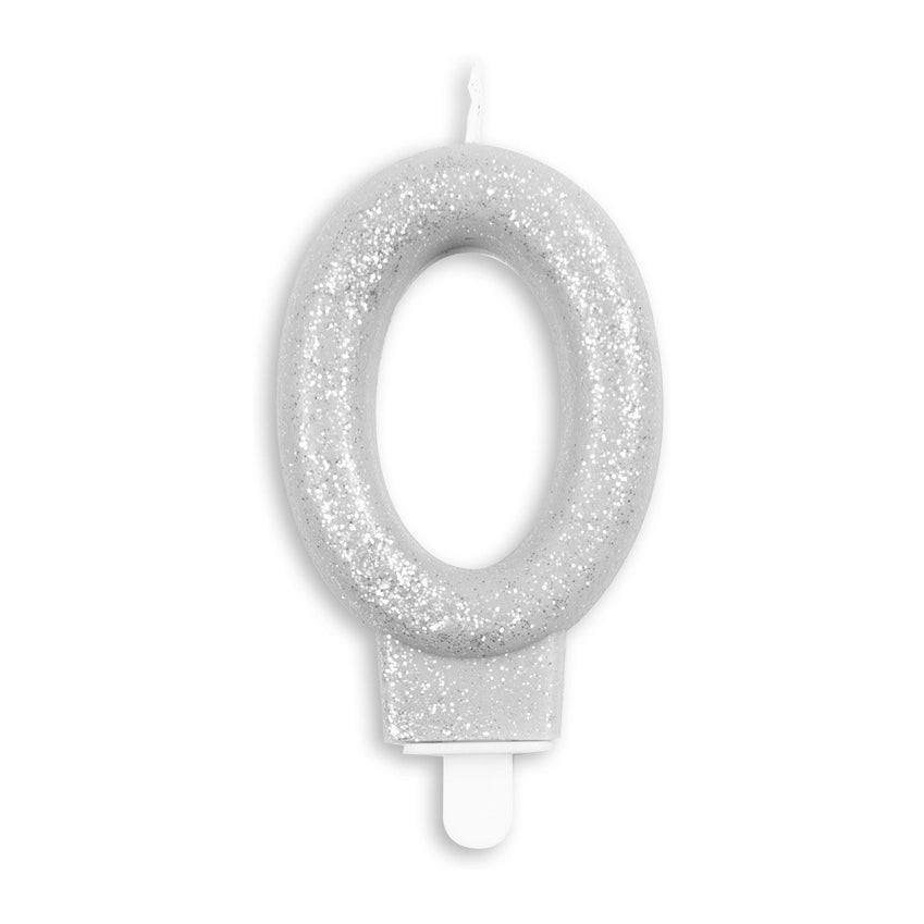 Cijfer kaars glitter zilver nr. 0