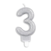 Cijfer kaars glitter zilver nr. 3