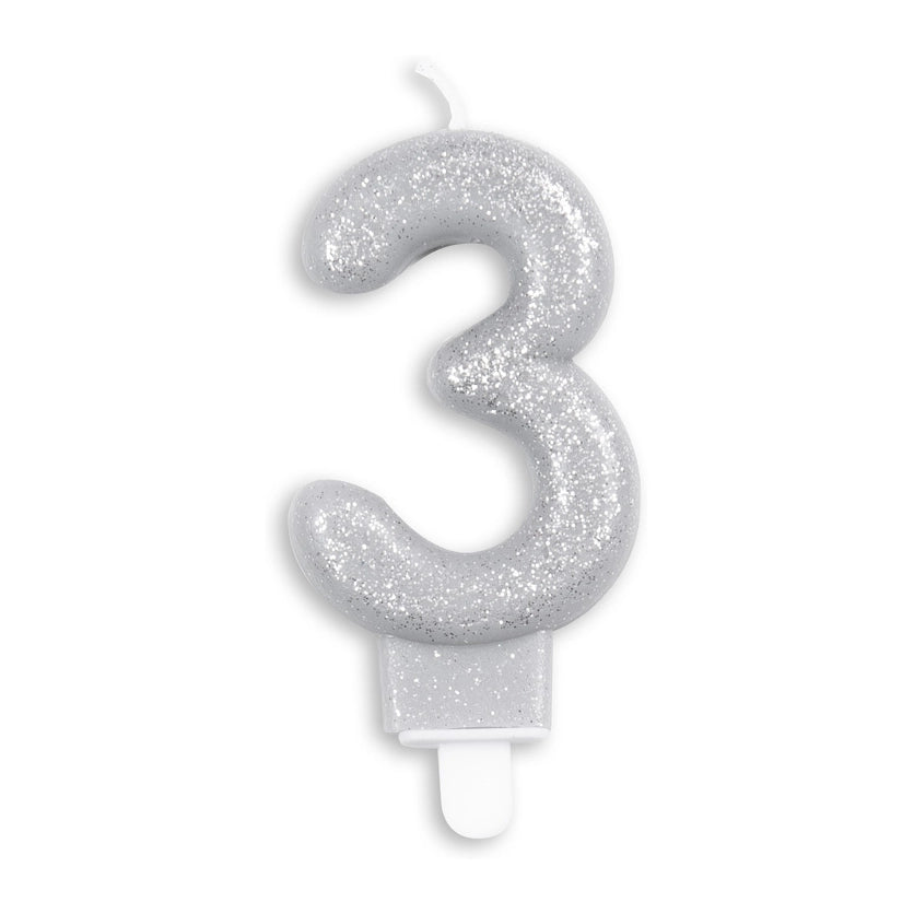 Cijfer kaars glitter zilver nr. 3