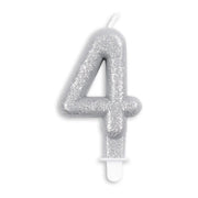 Cijfer kaars glitter zilver nr. 4
