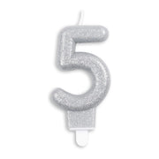 Cijfer kaars glitter zilver nr. 5