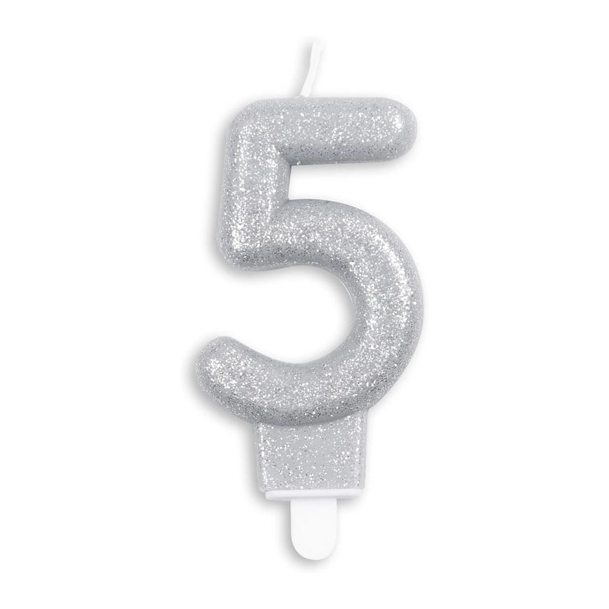 Cijfer kaars glitter zilver nr. 5