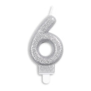 Cijfer kaars glitter zilver nr. 6