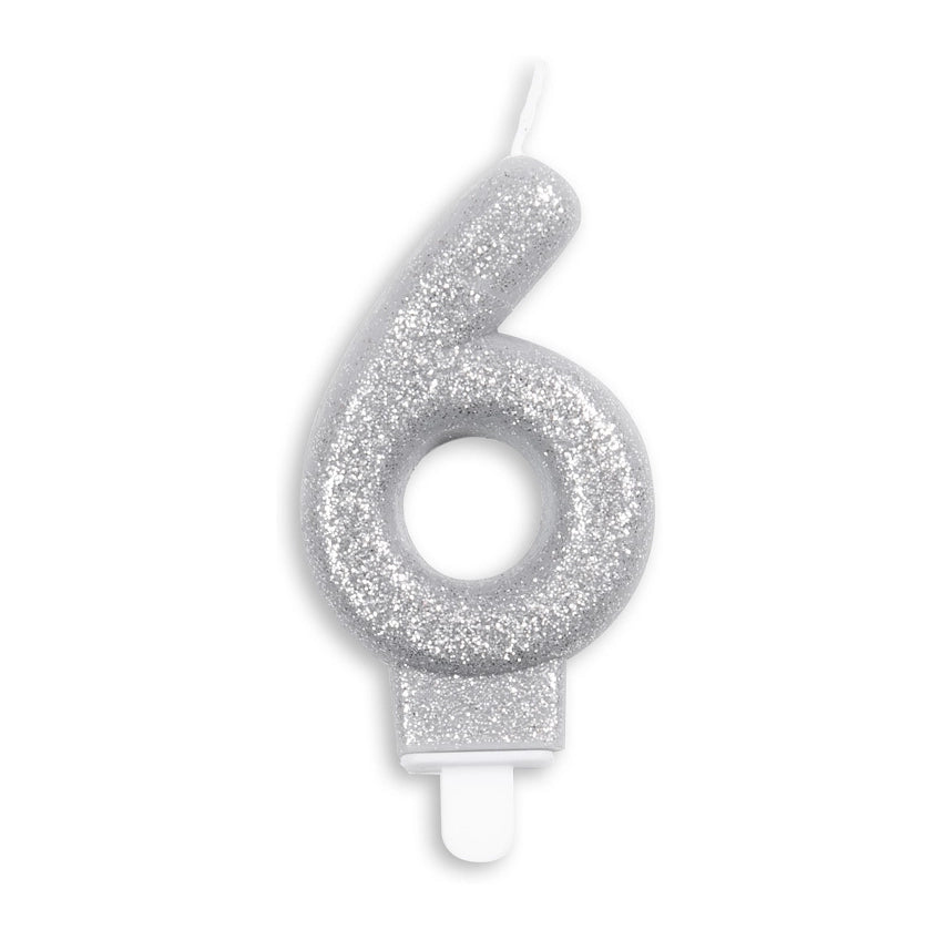 Cijfer kaars glitter zilver nr. 6