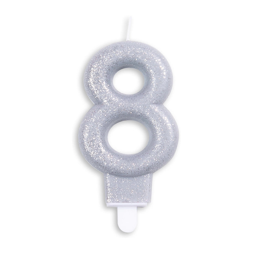 Cijfer kaars glitter zilver nr. 8