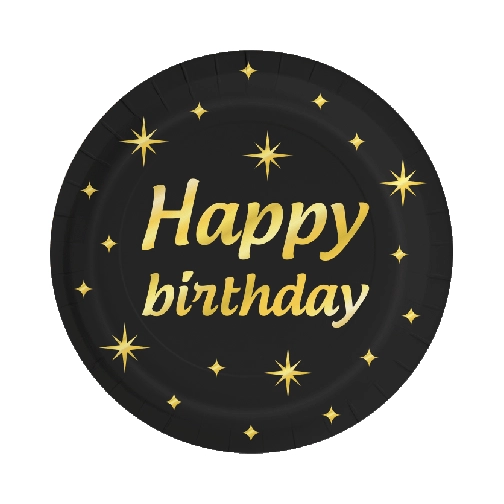Classy Party papieren borden Happy Birthday zwart goud 8 stuks 23cm