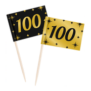 Cocktail prikkers 100 jaar zwart - goud - 50 stuks