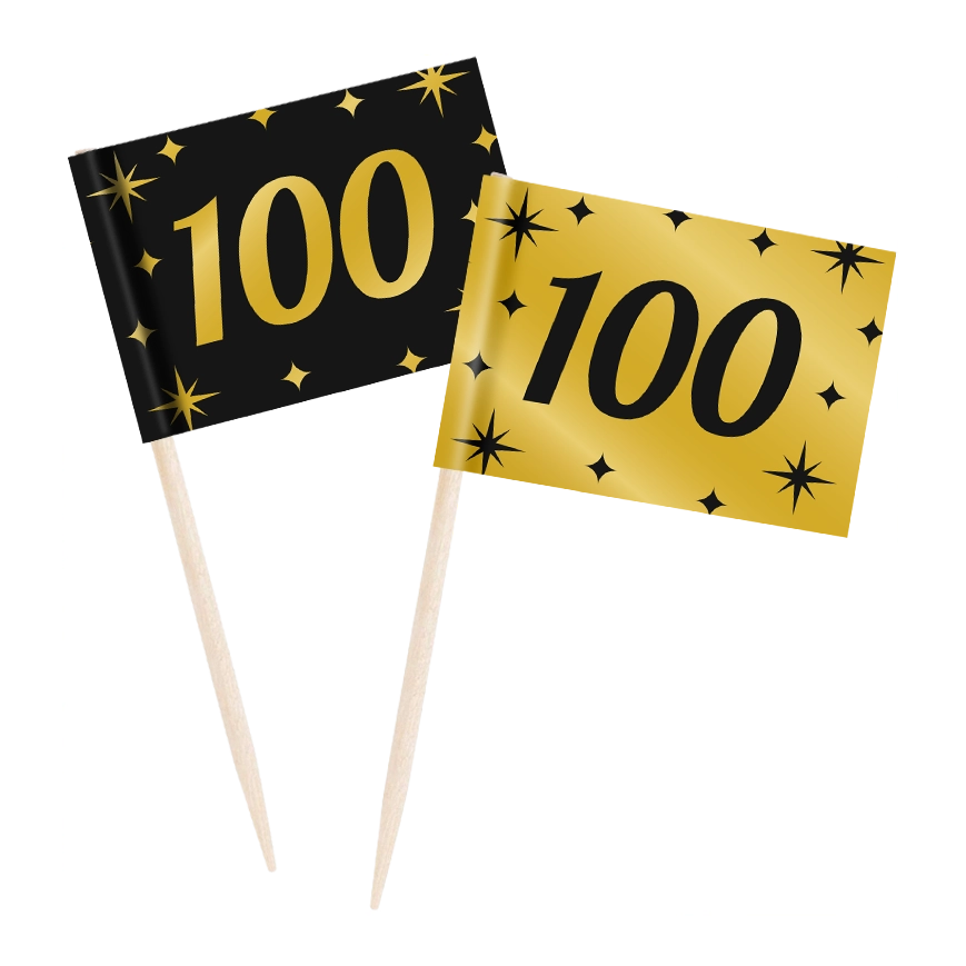 Cocktail prikkers 100 jaar zwart - goud - 50 stuks