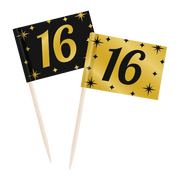 Cocktail prikkers 16 jaar zwart - goud - 50 stuks
