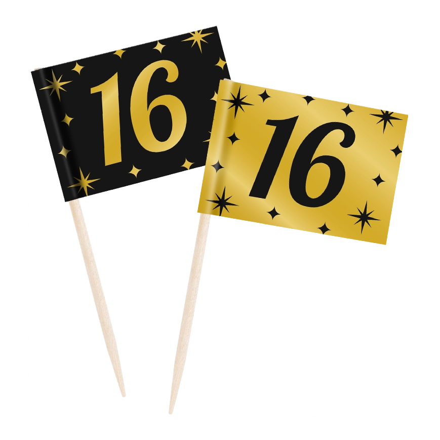 Cocktail prikkers 16 jaar zwart - goud - 50 stuks