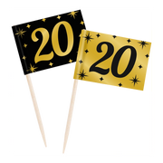 Cocktail prikkers 20 jaar zwart - goud - 50 stuks