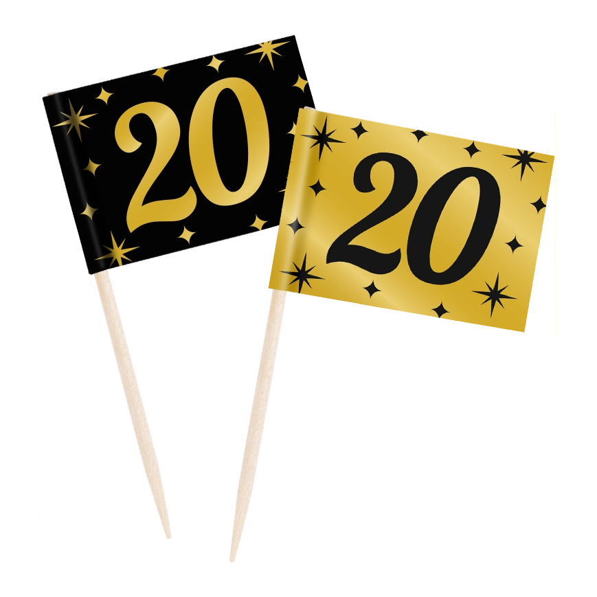 Cocktail prikkers 20 jaar zwart - goud - 50 stuks