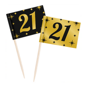 Cocktail prikkers 21 jaar zwart - goud - 50 stuks