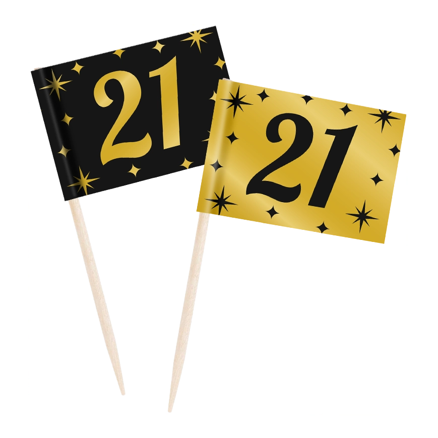Cocktail prikkers 21 jaar zwart - goud - 50 stuks