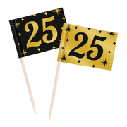 Cocktail prikkers 25 jaar zwart - goud - 50 stuks