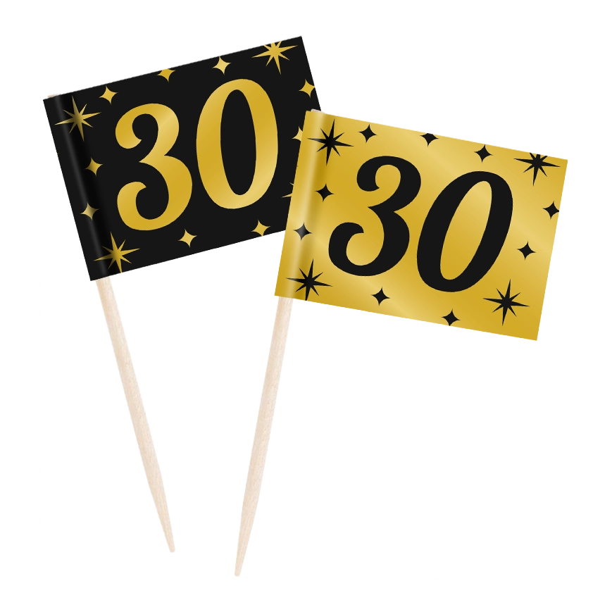 Cocktail prikkers 30 jaar zwart - goud - 50 stuks