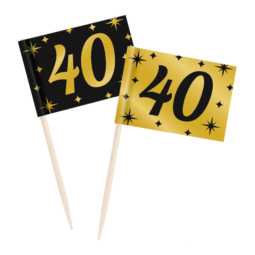 Cocktail prikkers 40 jaar zwart - goud - 50 stuks