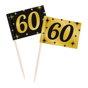 Cocktail prikkers 60 jaar zwart - goud - 50 stuks