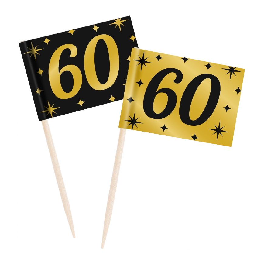 Cocktail prikkers 60 jaar zwart - goud - 50 stuks