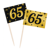 Cocktail prikkers 65 jaar zwart - goud - 50 stuks