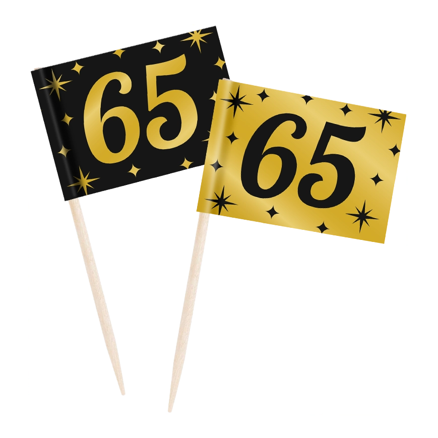 Cocktail prikkers 65 jaar zwart - goud - 50 stuks