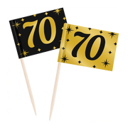 Cocktail prikkers 70 jaar zwart - goud - 50 stuks