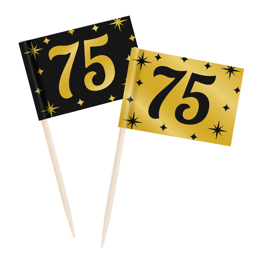 Cocktail prikkers 75 jaar zwart - goud - 50 stuks