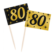Cocktail prikkers 80 jaar zwart - goud - 50 stuks