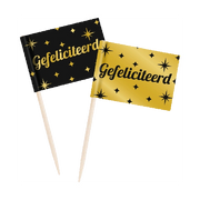 Cocktail prikkers Gefeliciteerd zwart - goud - 50 stuks