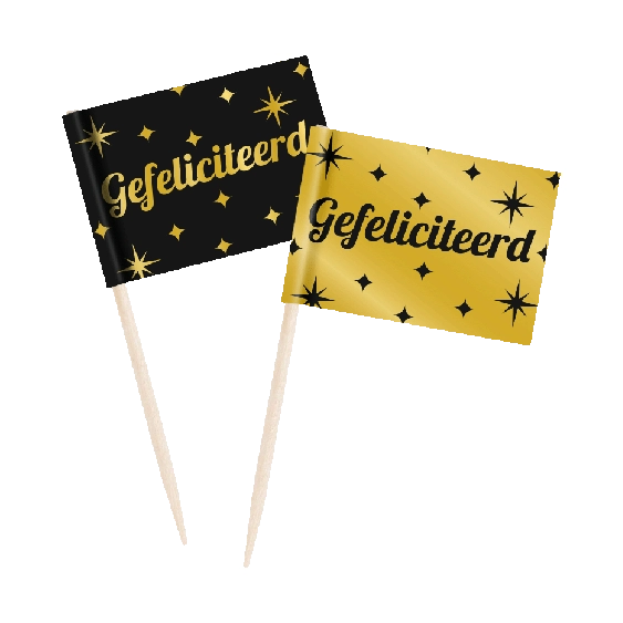 Cocktail prikkers Gefeliciteerd zwart - goud - 50 stuks