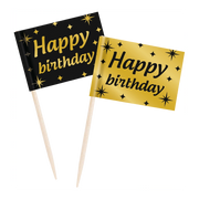 Cocktail prikkers Happy Birthday zwart - goud  - 50 stuks