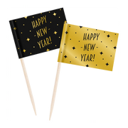 Cocktail prikkers Happy New Year zwart - goud - 50 stuks