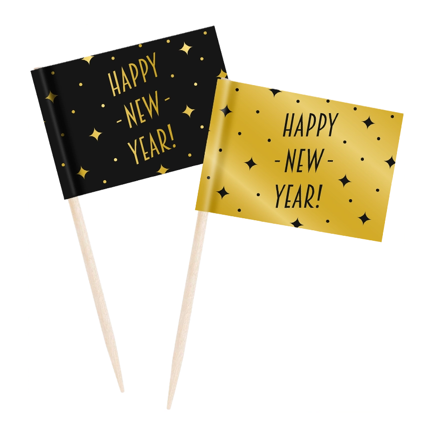Cocktail prikkers Happy New Year zwart - goud - 50 stuks