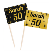 Cocktail prikkers Sarah 50 jaar zwart - goud - 50 stuks