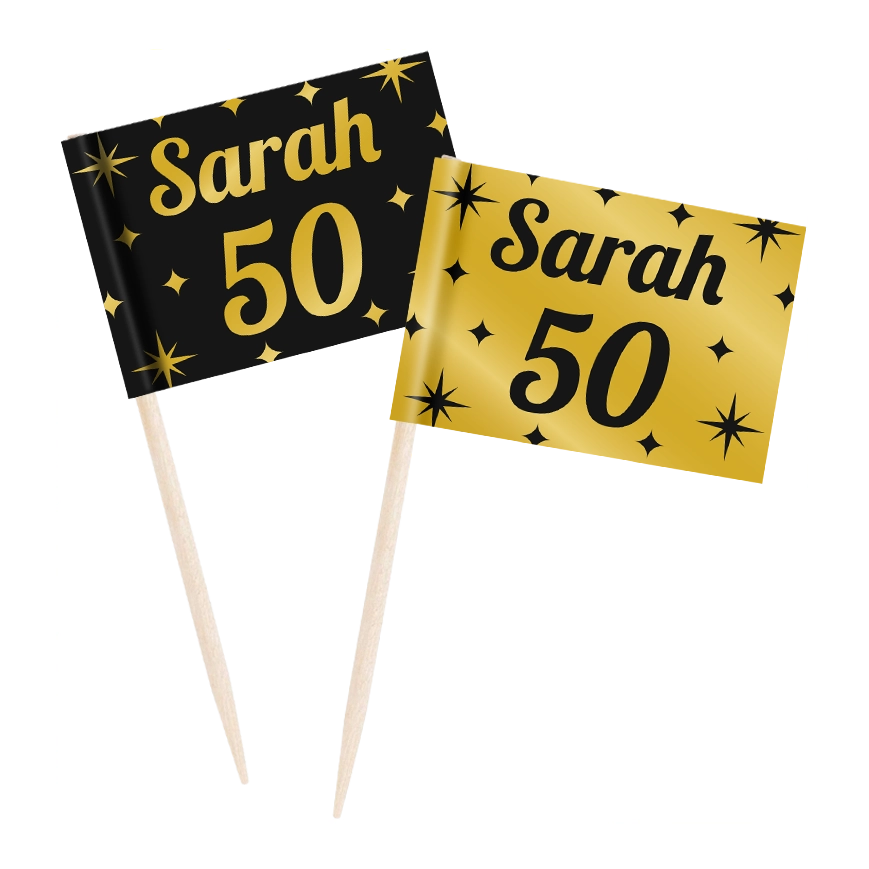 Cocktail prikkers Sarah 50 jaar zwart - goud - 50 stuks