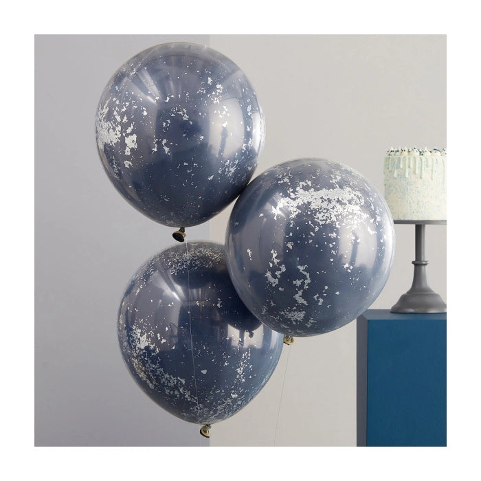 Confetti Ballonnen Dubbellaags blauw en zilver XL 45cm - 3 stuks