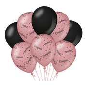 Congrats versiering/ decoratie ballonnen rose goud en zwart, 8 stuks 30cm