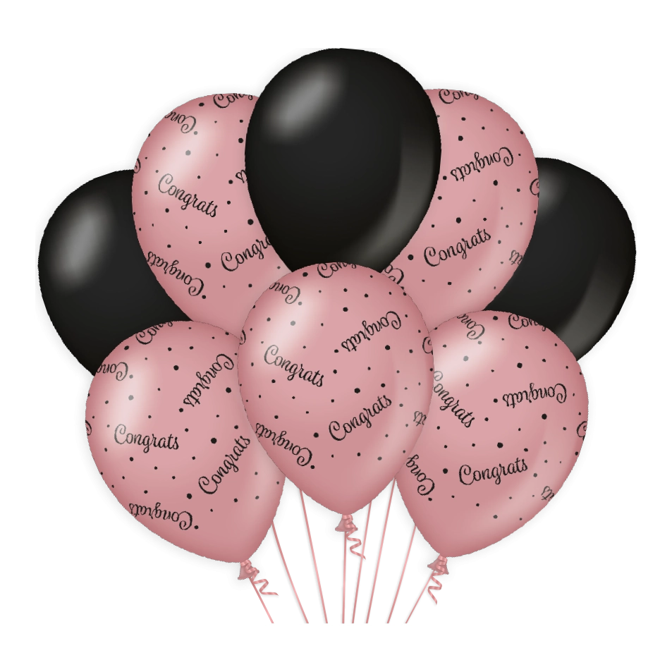 Congrats versiering/ decoratie ballonnen rose goud en zwart, 8 stuks 30cm