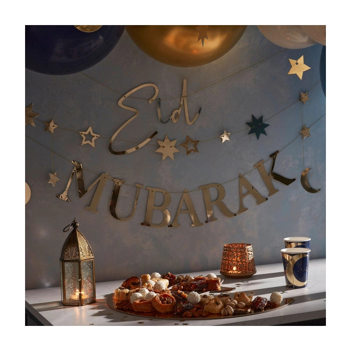 Eid Mubarak letterslinger met maan en sterren 3 x 150cm