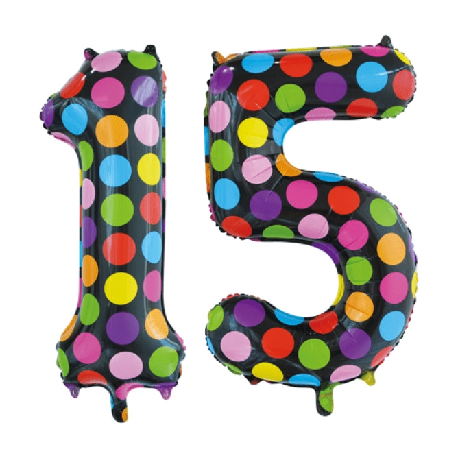 Folieballon 15 jaar stippen 86cm