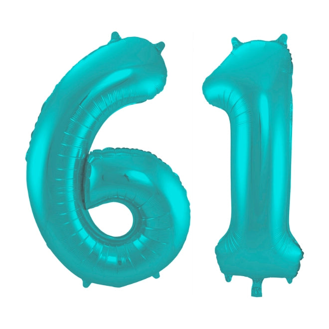 Folieballon 61 jaar metallic pastel aqua mat 86cm