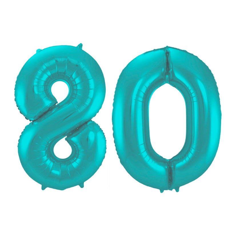 Folieballon 80 jaar metallic pastel aqua mat 86cm