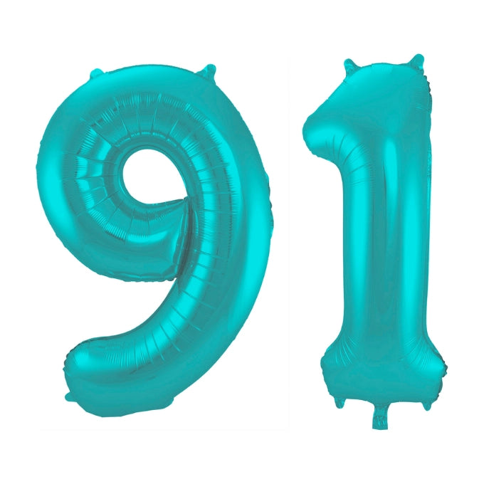 Folieballon 91 jaar metallic pastel aqua mat 86cm