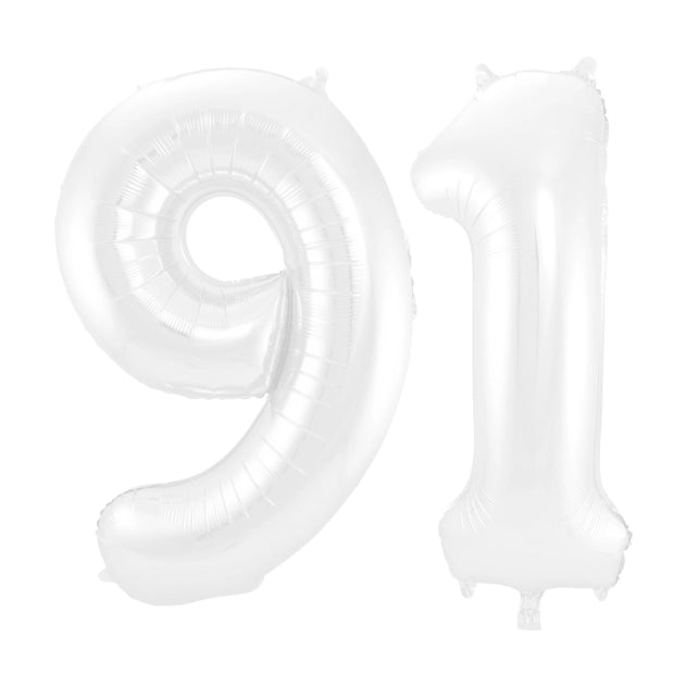 Folieballon 91 jaar metallic wit 86cm