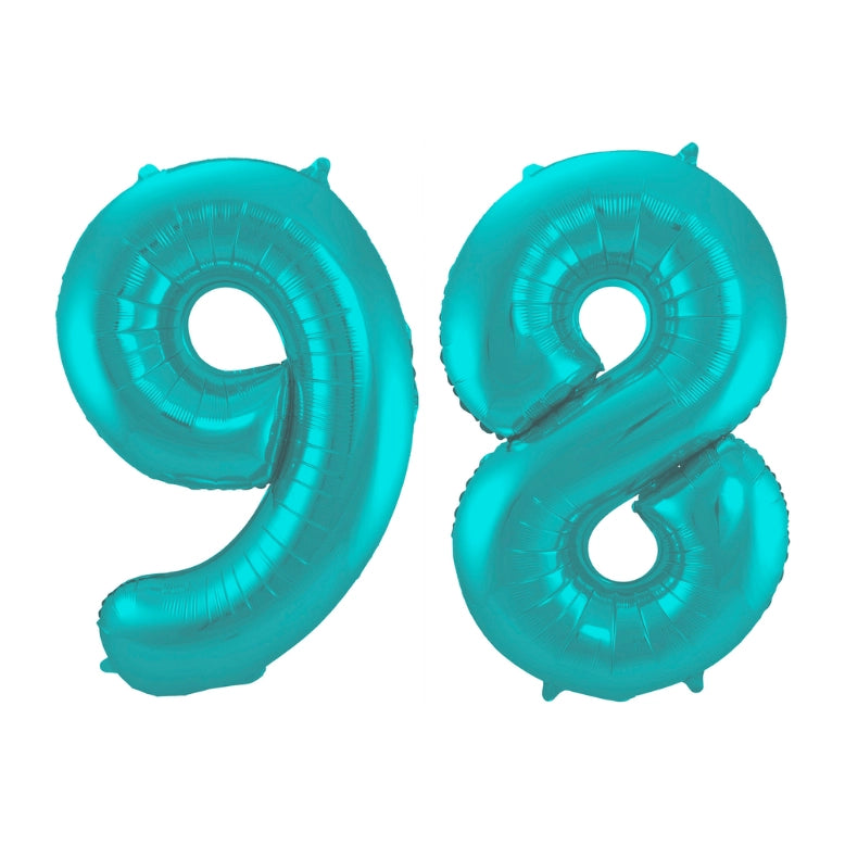 Folieballon 98 jaar metallic pastel aqua mat 86cm