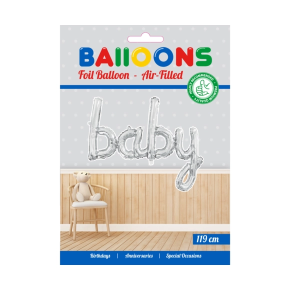 Folieballon BABY - 1 woord - Zilver - 119cm