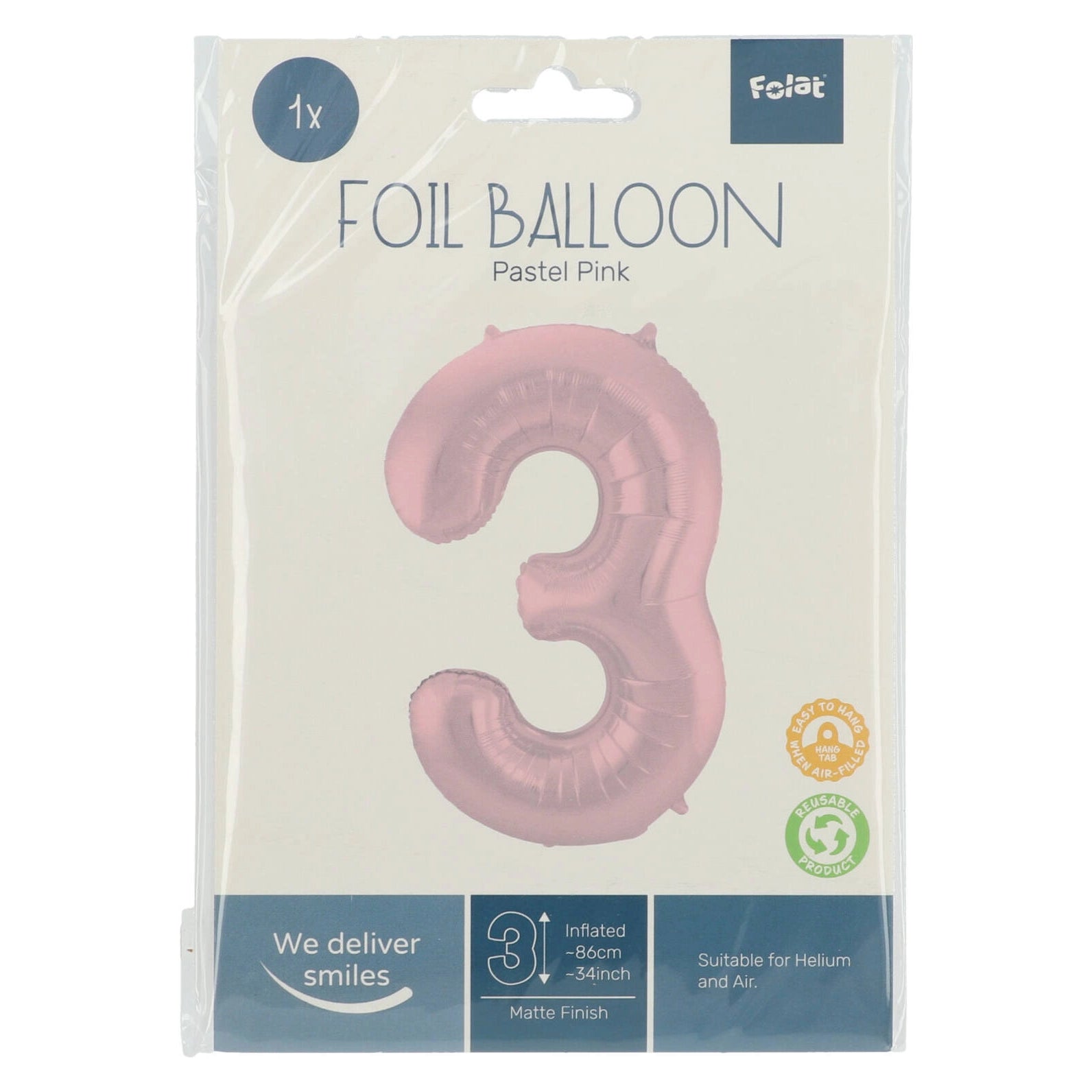 Folieballon Cijfer 3 Pastel Roze Metallic Mat - 86 cm