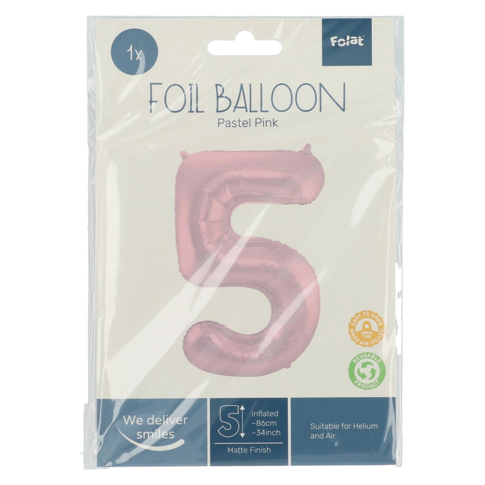 Folieballon Cijfer 5 Pastel Roze Metallic Mat - 86 cm