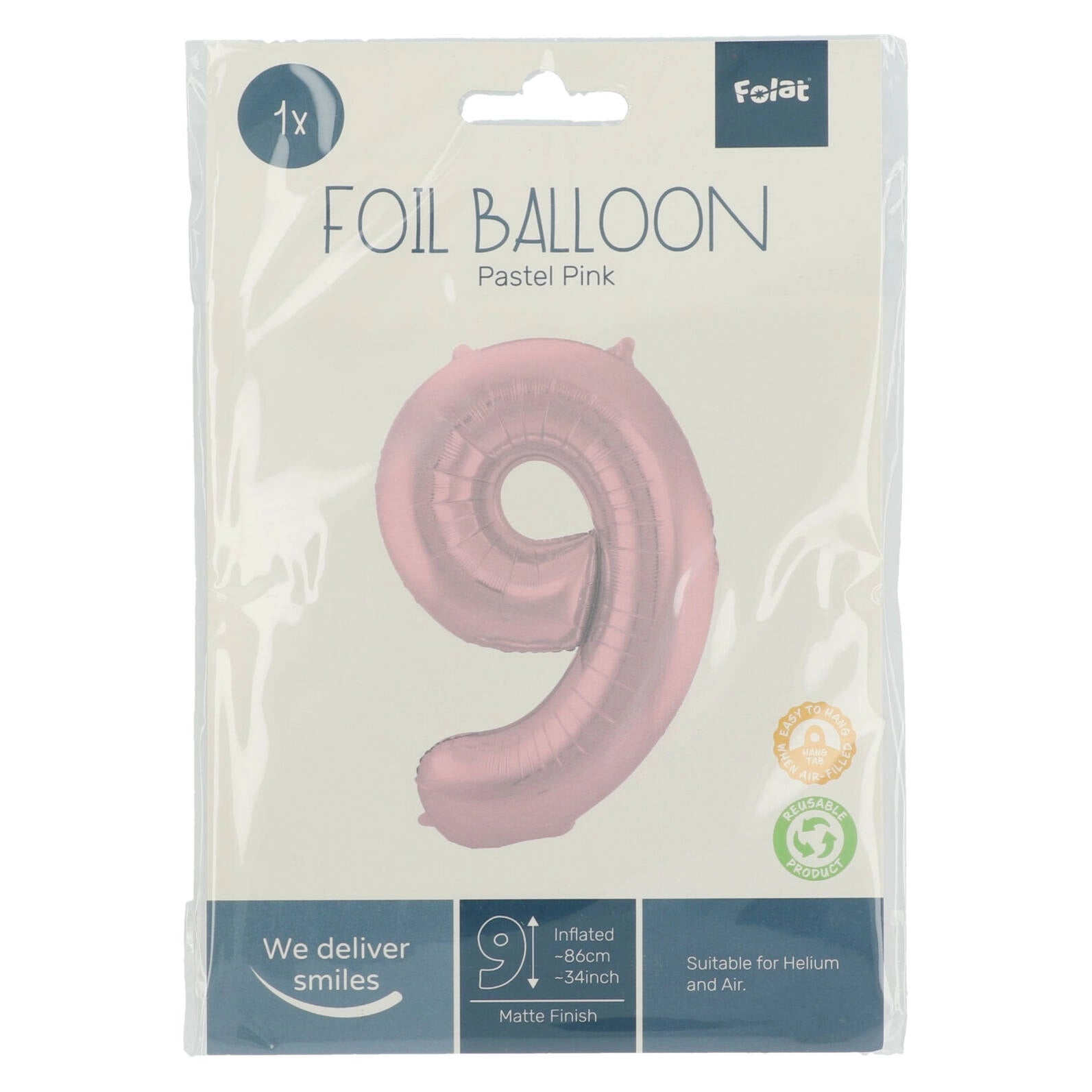 Folieballon Cijfer 9 Pastel Roze Metallic Mat - 86 cm